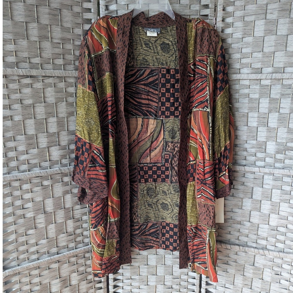 Vtg 90s Open Front Cardigan Kimono Patchwork Animal Print Women 4X Artsy Boho